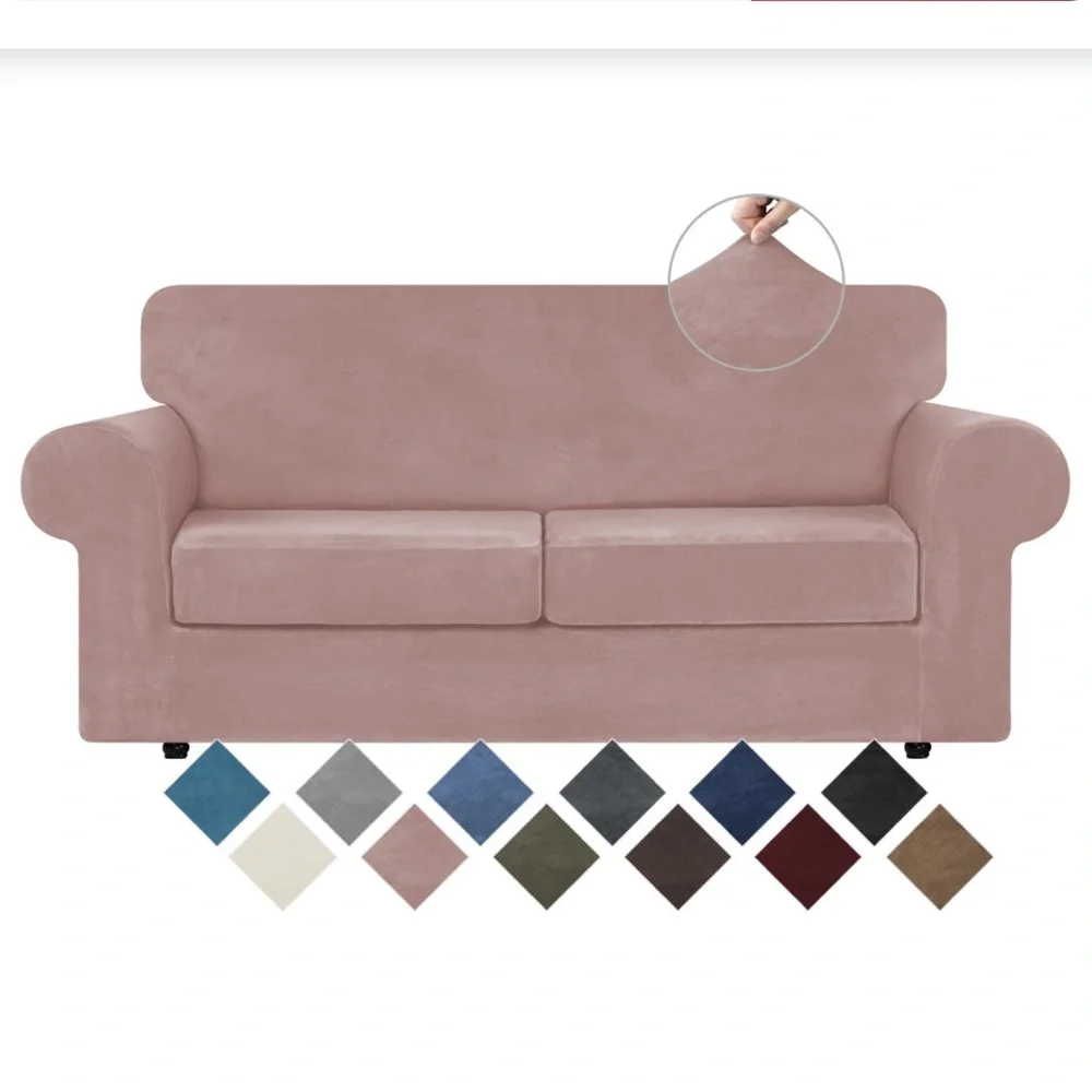 Solid Pink Luxury Velvet Couch Stretch Slipcover with Elastic Bottom 3Pc MEDIUM